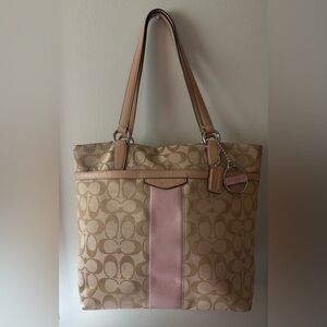 Coach Beige Signature Canvas Tote with Pink Center Stripe